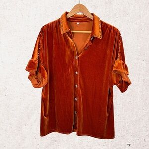 Rust Orange Velour Button Down Shirt